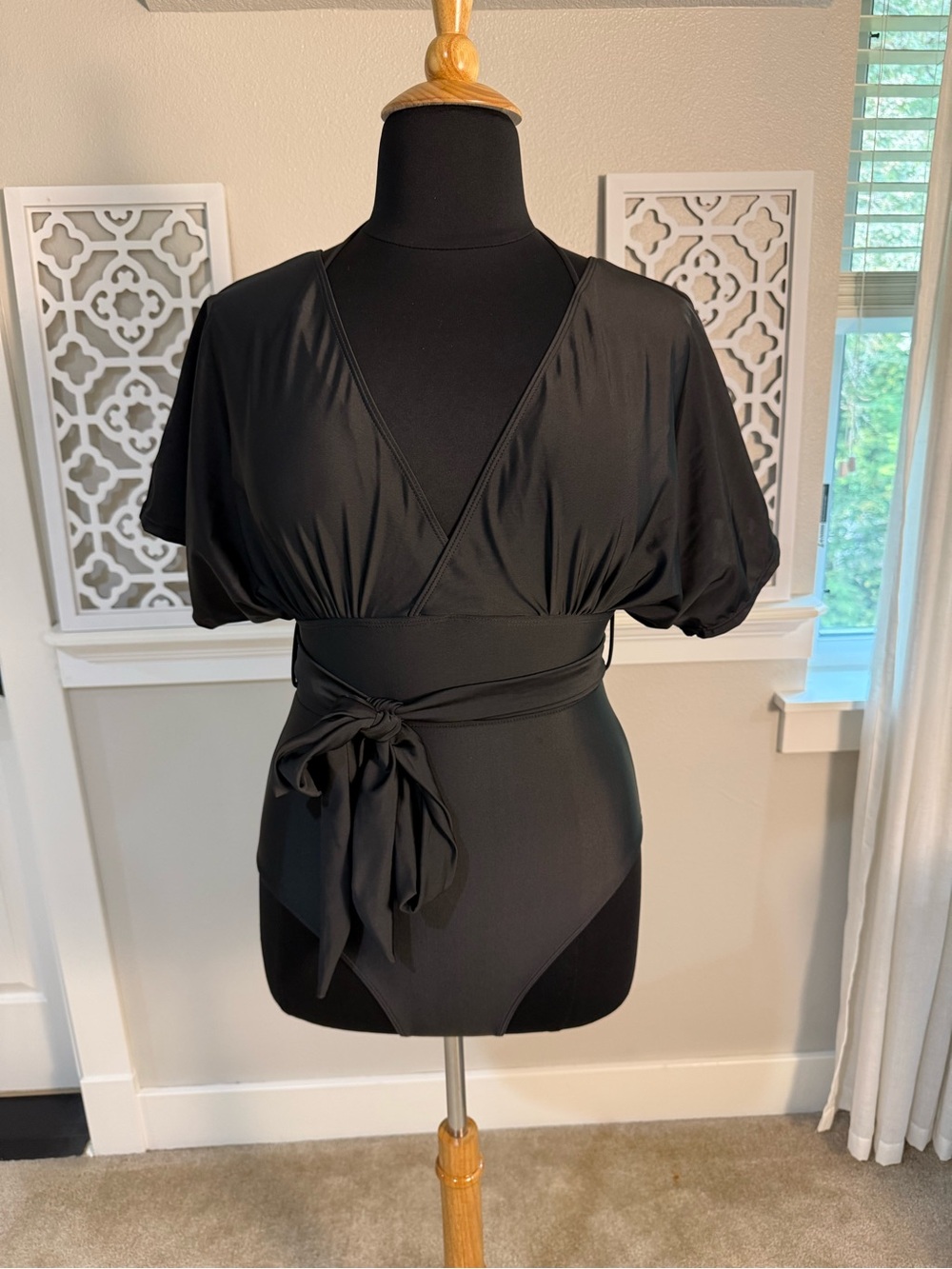 Black Faux Wrap One-Piece Swimsuit with Tie Waist